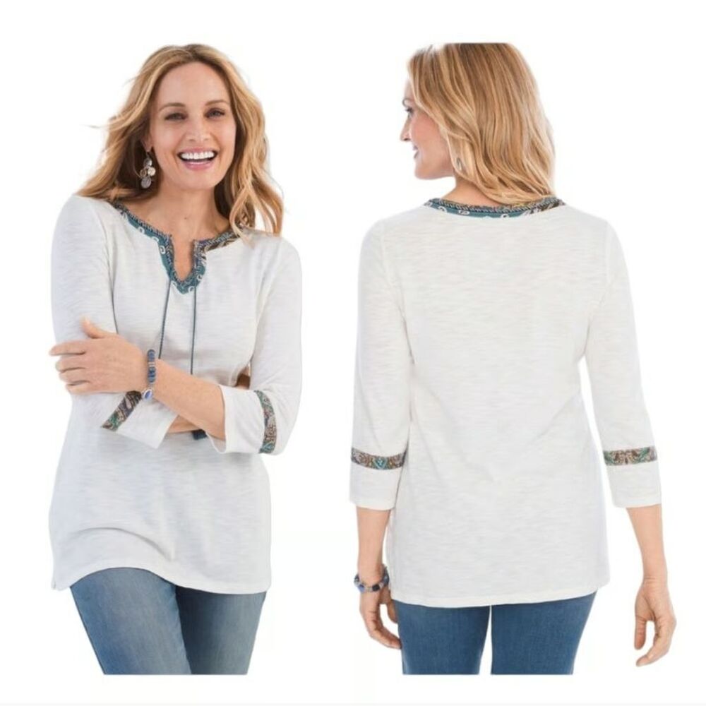 Chicos Printed Trim Tassel Top Womens 1 Medium White 3/4 Sleeve Boho Tunic